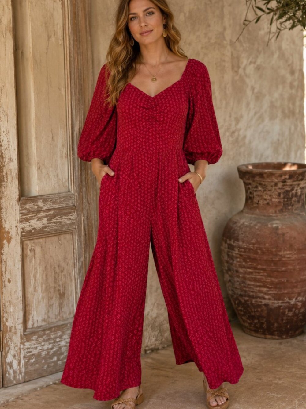 Knox Rose Red Dot Puff Sleeve Wide Leg Jumpsuit Pockets L Boho Cottagecore EUC